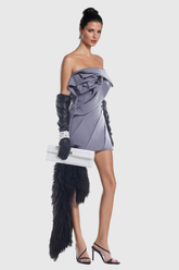 Aeronwen Çiçek Straplez Dantelli Gri Mini Elbise